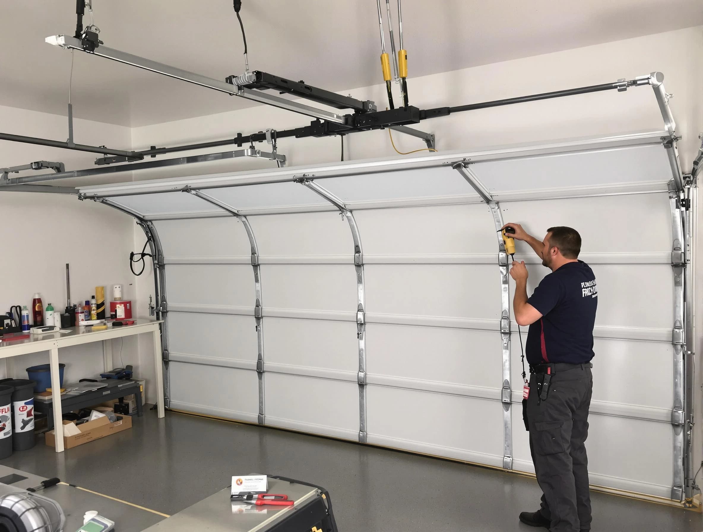 Ambridge Garage Door Repair certified technician performing overhead door system repair in Ambridge