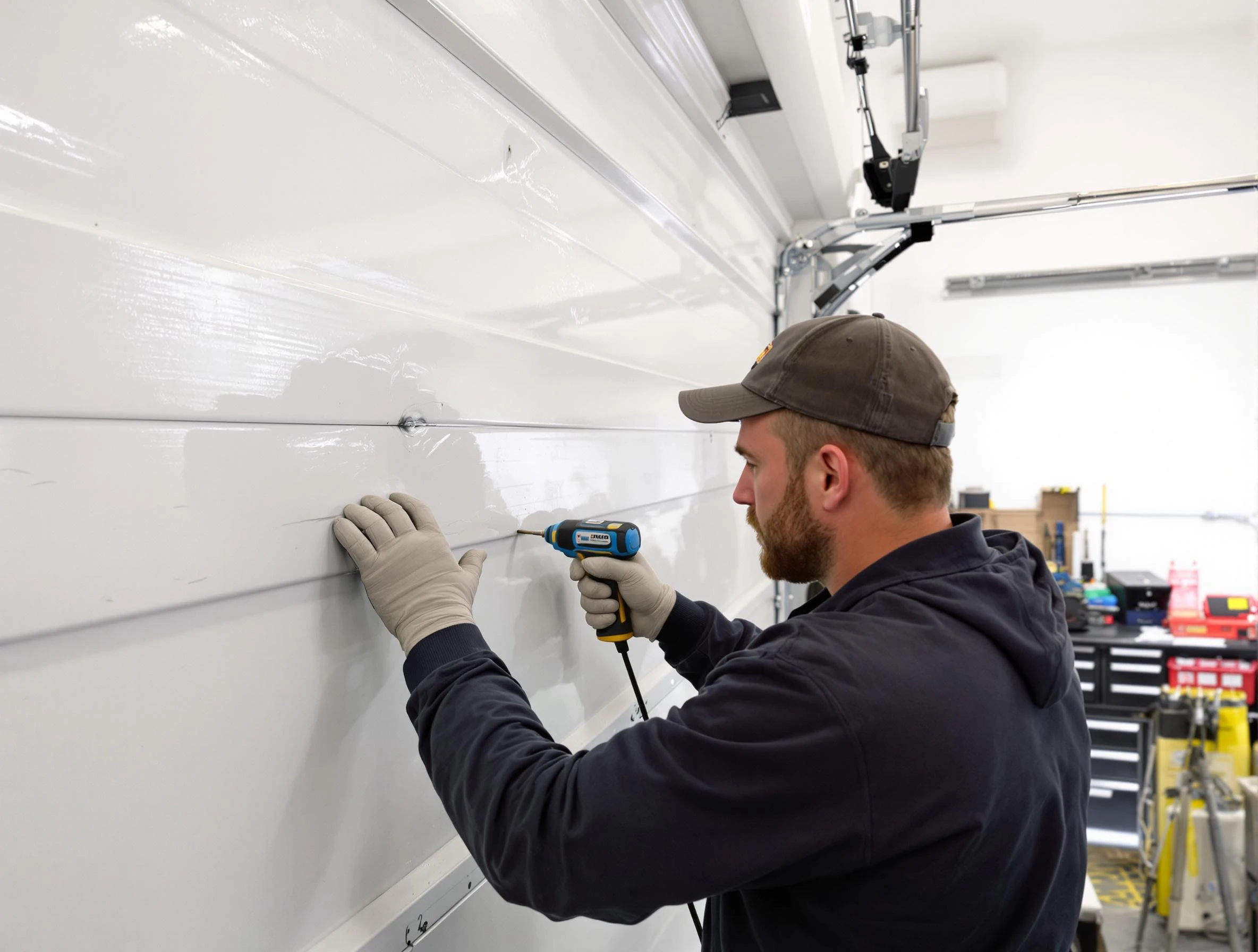 Ambridge Garage Door Repair technician demonstrating precision dent removal techniques on a Ambridge garage door